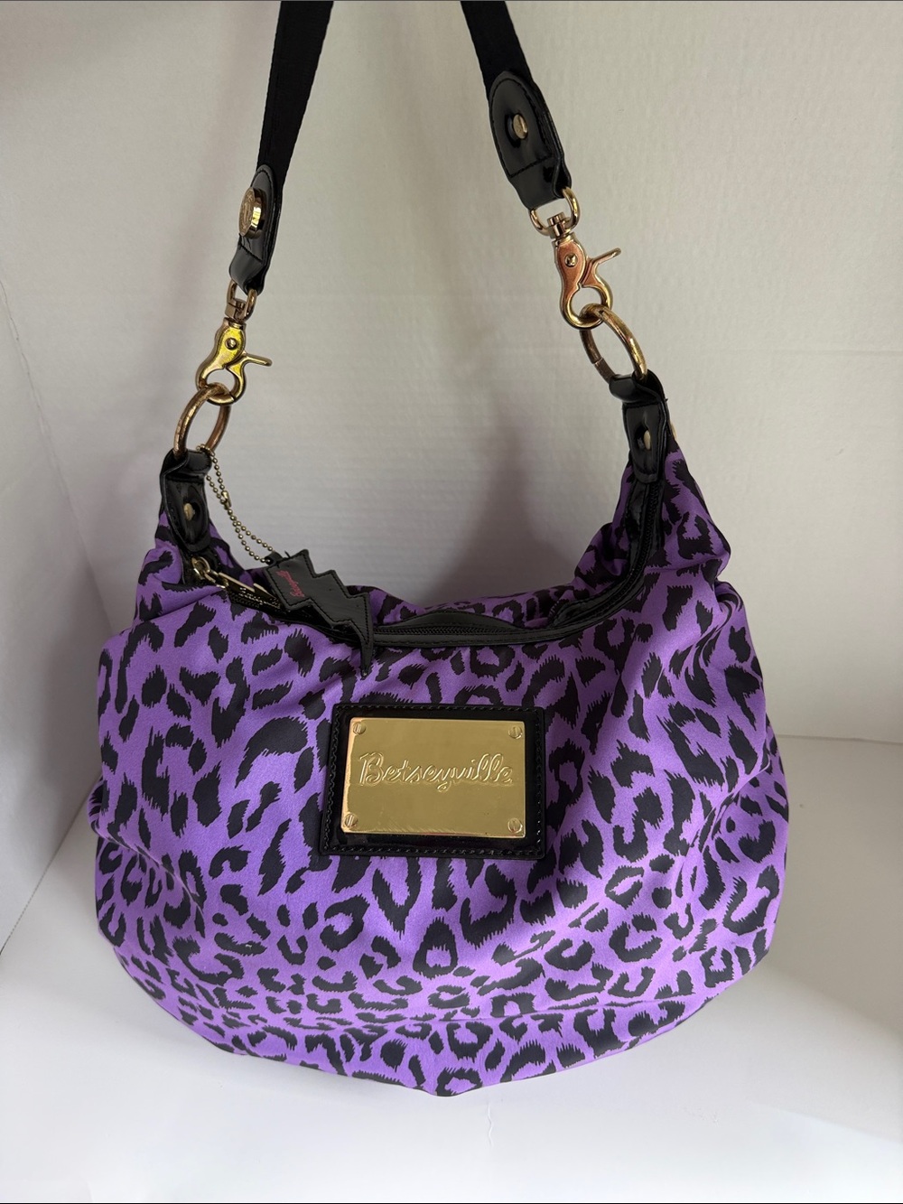 Betsey Johnson Betseyville Purple Leopard Print Shoulder Bag with Black Trim
